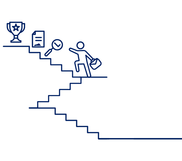 Strichzeichnung einer Person mit Aktentasche, die eine Treppe hinaufsteigt, mit Symbolen für Uhr, Vertrag und Trophäe als Schritte zum Erfolg.