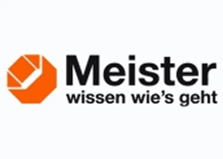 Meister-Logo mit orangefarbenem Symbol und dem Text 'wissen wie’s geht'.
