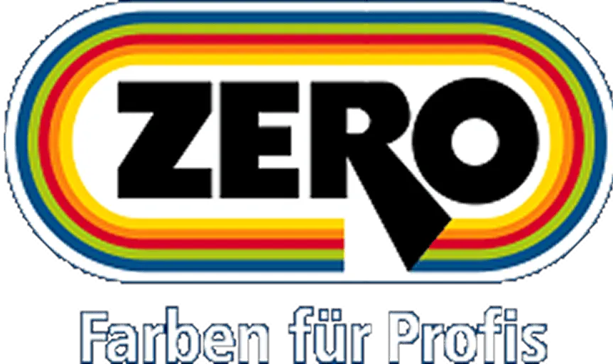 Logo von ZERO mit mehrfarbigem ovalem Rahmen und dem Schriftzug ‚Farben für Profis‘ darunter.