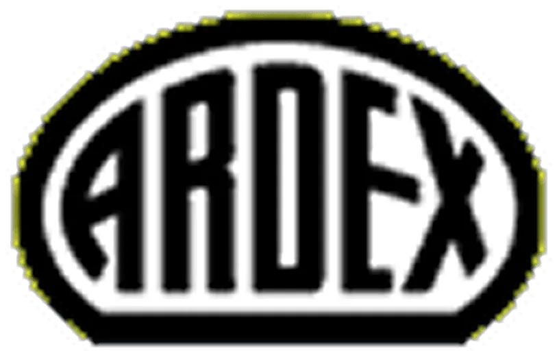 Logo der Marke ARDEX mit schwarzem Schriftzug auf weißem, abgerundetem Hintergrund und gelbem Rand.