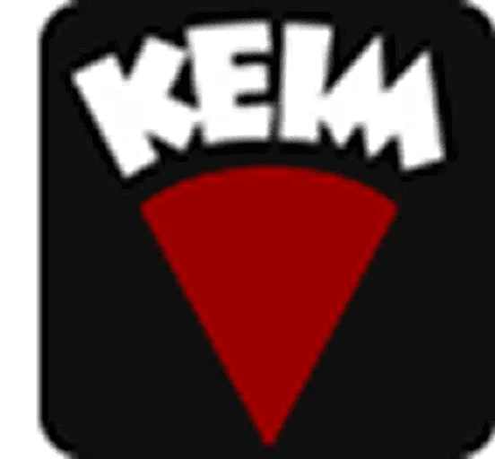 Logo mit weißer Aufschrift 'KEM' über einem roten, dreieckigen Symbol auf schwarzem Hintergrund.