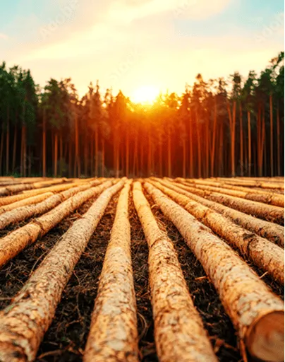 Gestapelte Baumstämme in Reihen auf dem Waldboden mit Sonnenuntergang hinter einer dichten Waldgrenze.