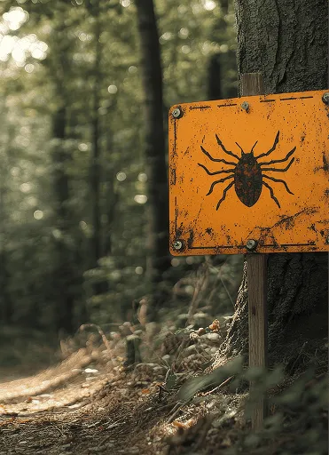 Oranges Warnschild mit einer schwarzen Zeckenillustration an einem Baumstamm im Wald.