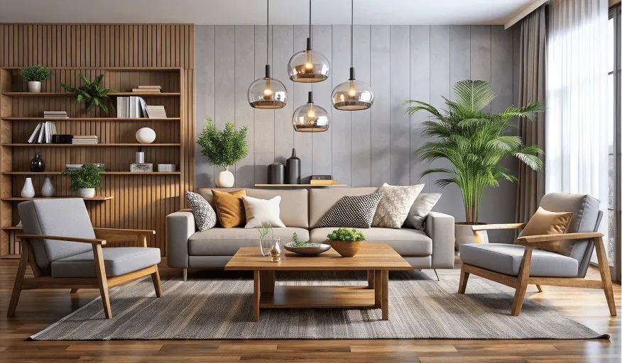 Modernes Wohnzimmer mit grauem Sofa, zwei Holzsesseln, hängenden Glaslampen, Holz-Couchtisch und großen Grünpflanzen neben großen Fenstern.