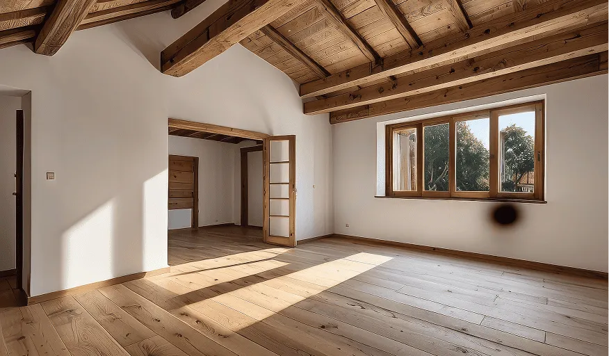 Helles, leeres Zimmer mit Holzboden, sichtbaren Holzbalken an der Decke und großen Fenstern mit Blick auf Bäume.