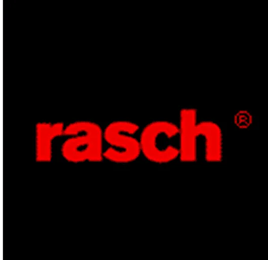 Rasch Markenname in roter Schrift auf schwarzem Hintergrund.