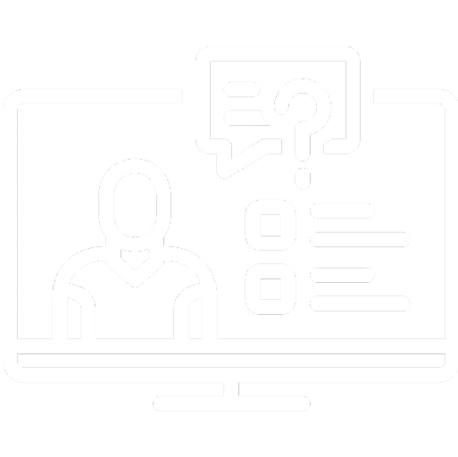 Symbol einer Person vor einem Bildschirm mit einem Fragezeichen in einer Sprechblase und Auswahlkästchen, das Online-Fragen oder Umfragen darstellt.
