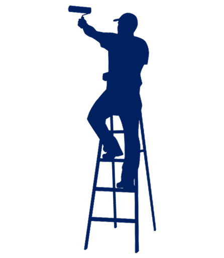 Schattenriss einer Person, die auf einer Leiter steht und eine Farbrolle zum Streichen hält.