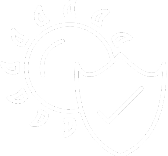 Sonnensymbol mit einem Schild davor, das ein Häkchen zeigt, symbolisiert Sonnenschutz.