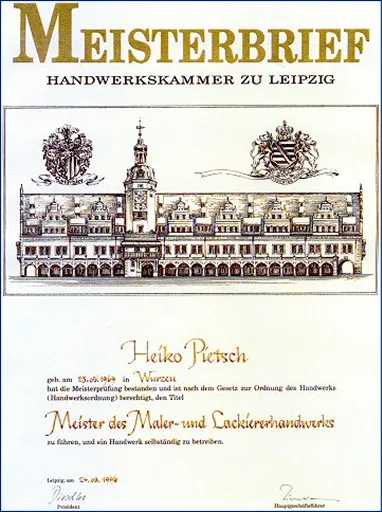 Meisterbrief certificate from Handwerkskammer zu Leipzig awarded to Heiko Pietsch as Meister des Maler- und Lackiererhandwerks, with a detailed illustration of a historic building and official seals.